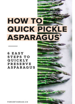 asparagus spears on a white table and the words "how to quick pickle asparagus" in black writing