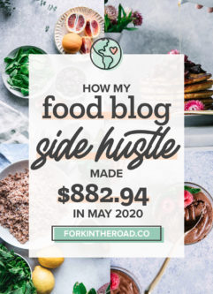 a collage of food photos with a white graphic with the words "how my food blog side hustle made $882.94 in May 2020" in black writing