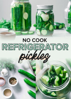 a collage of photos showing the ingredients and process of making refrigerator pickles, with the words "no cook refrigerator pickles" in black writing