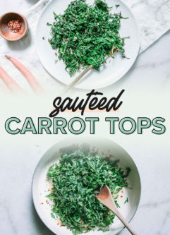 a collage of two photos, one of carrot leaves cooking in a pan and another with cooked carrot greens on a plate