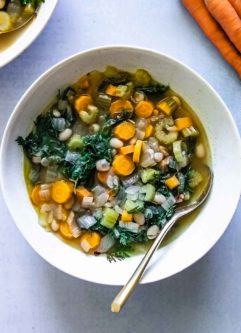 vegetable soup with onion, sliced carrots, and carrot greens in a white bowl on a blue table