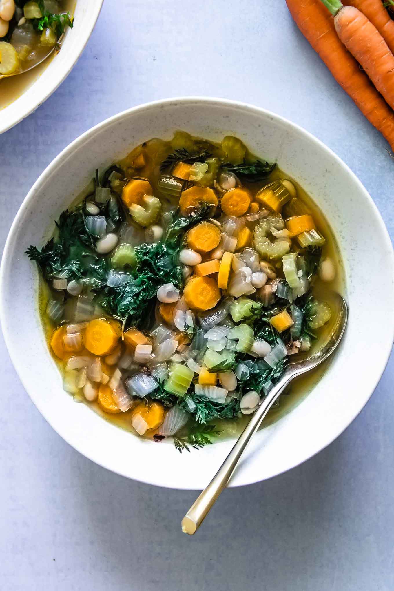 vegetable soup with onion, sliced carrots, and carrot greens in a white bowl on a blue table