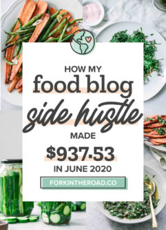 a collage of food photos with a white graphic with the words "how my food blog side hustle made $882.94 in June 2020" in black writing