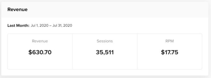 a screenshot of Mediavine display ad income for Fork in the Road blog in July 2020