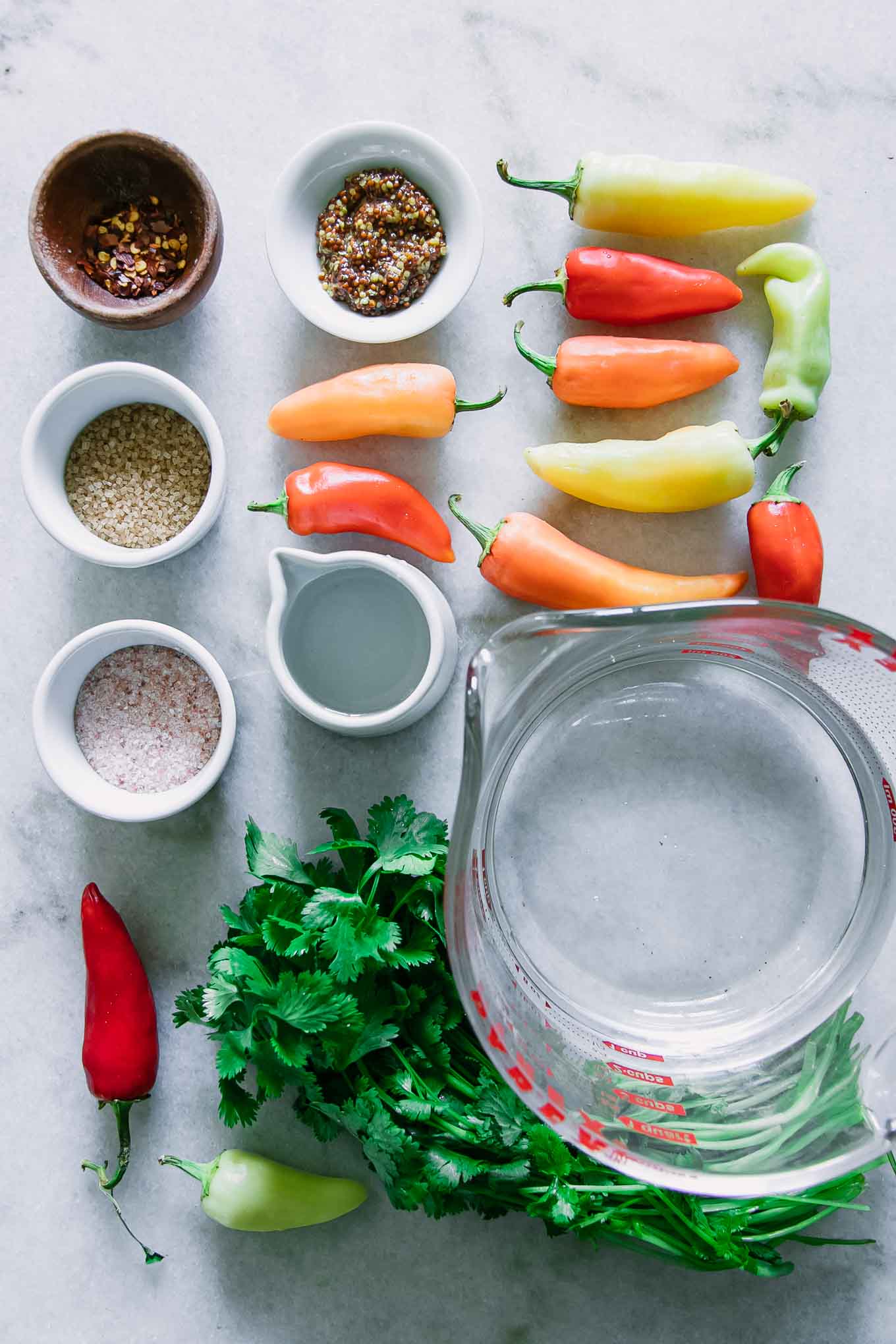 fresh peppers, cilantro, and bowls of water, vinegar, salt, and sugar on a white marble table