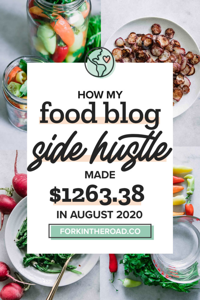a collage of food photos with a white graphic with the words "how my food blog side hustle made $1263.38 in August 2020" in black writing