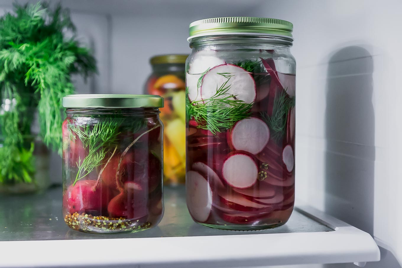 two jars of whole and sliced pickled radishes in a the refrigerator