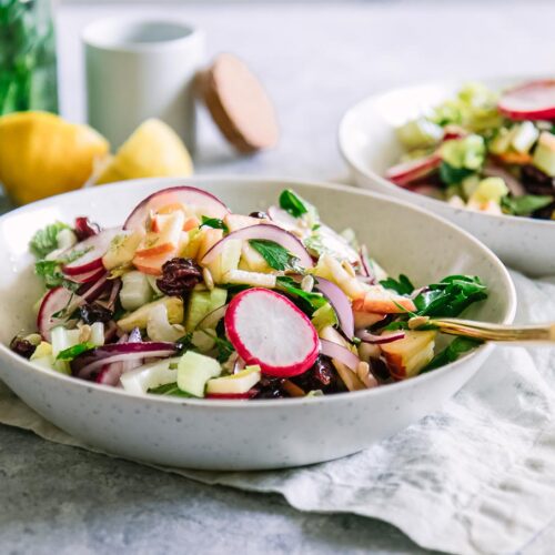 a salad with celery, radishes, onions, apples, and herbs in a white bowl on a white table with a gold fork