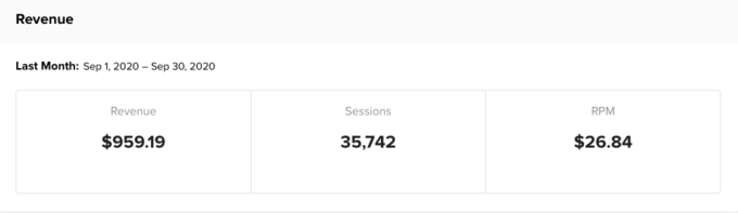 screenshot of mediavine display ad income for fork in the road blog in september 2020