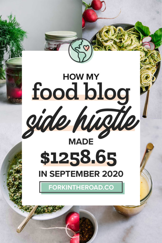 a collage of food photos with a white graphic with the words "how my food blog side hustle made $1263.38 in September 2020" in black writing