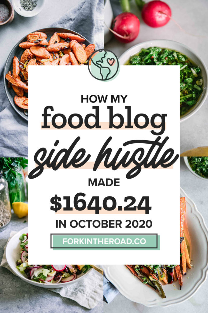a collage of food photos with a white graphic with the words "how my food blog side hustle made $1263.38 in October 2020" in black writing