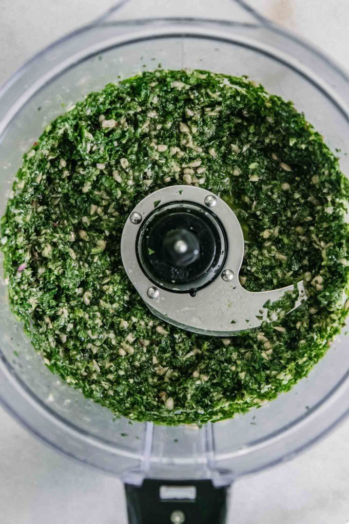 chopped pesto sauce in a food processor