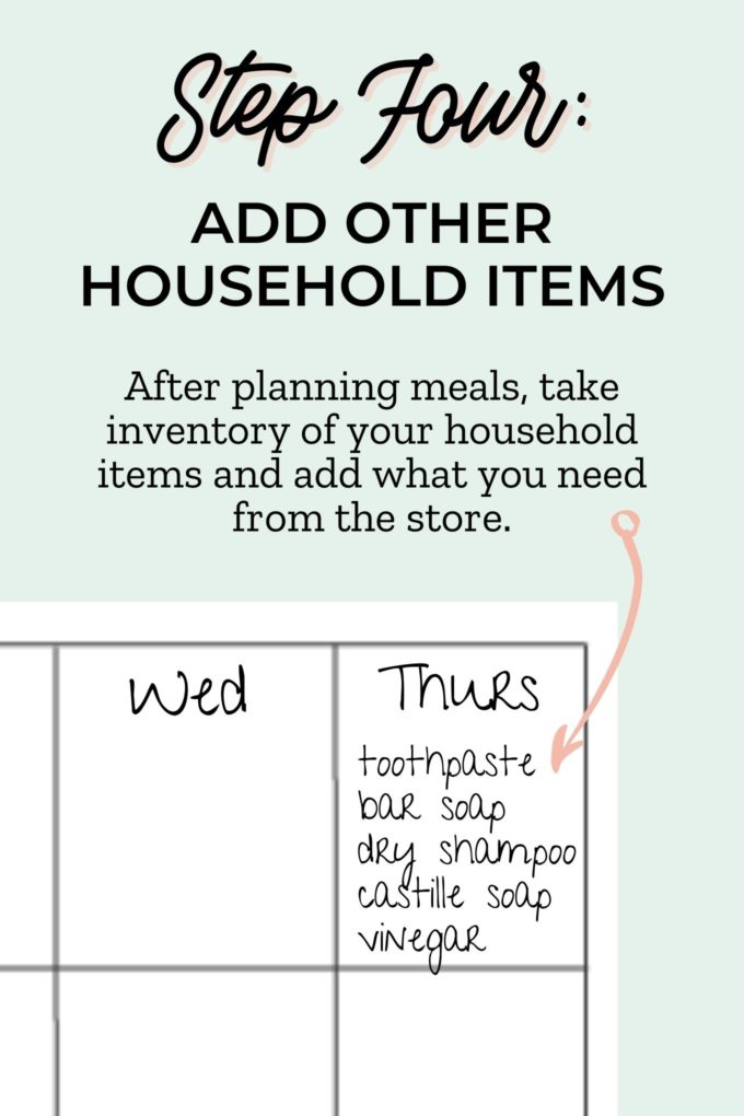 a green graphic with the words "step four: add other household items" in black writing and a grid weekly meal plan photo