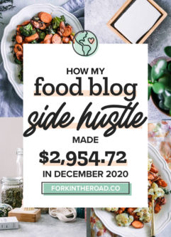 a collage of food photos with a white graphic with the words "how my food blog side hustle made $2954.72 in December 2020" in black writing