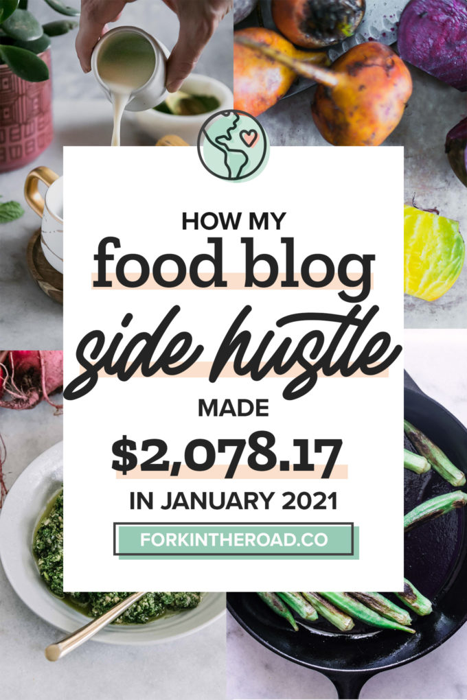 a collage of food photos with a white graphic with the words "how my food blog side hustle made $2078.17 in January 2021" in black writing