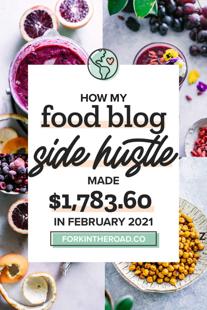 a collage of food photos with a white graphic with the words "how my food blog side hustle made $1,783.60 in February 2021" in black writing