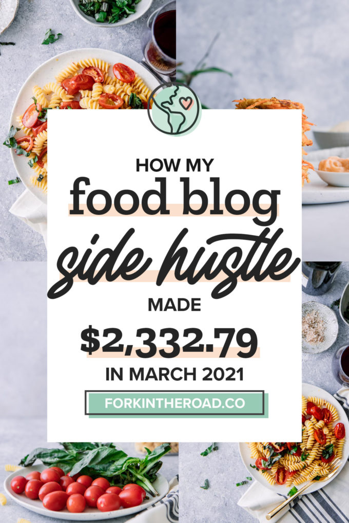 a collage of food photos with a white graphic with the words "how my food blog side hustle made $2,332.79 in March 2021" in black writing