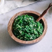 vegan kale pesto in a wooden bowl