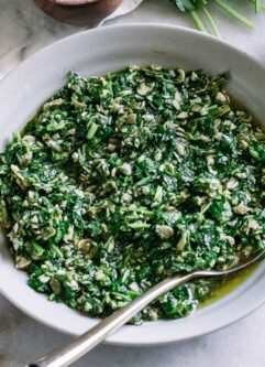 parsley pesto in a blue bowl