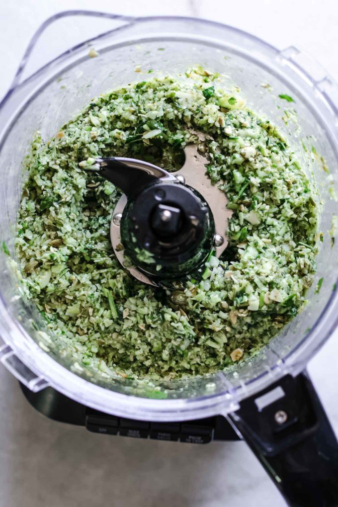 blended pesto with broccoli in a food processor