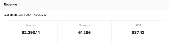 screenshot of mediavine display ad income for fork in the road blog in April 2021