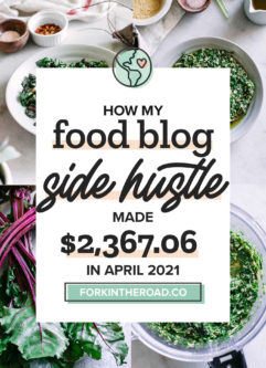 a collage of food photos with a white graphic with the words "how my food blog side hustle made $2,367.06 in April 2021" in black writing