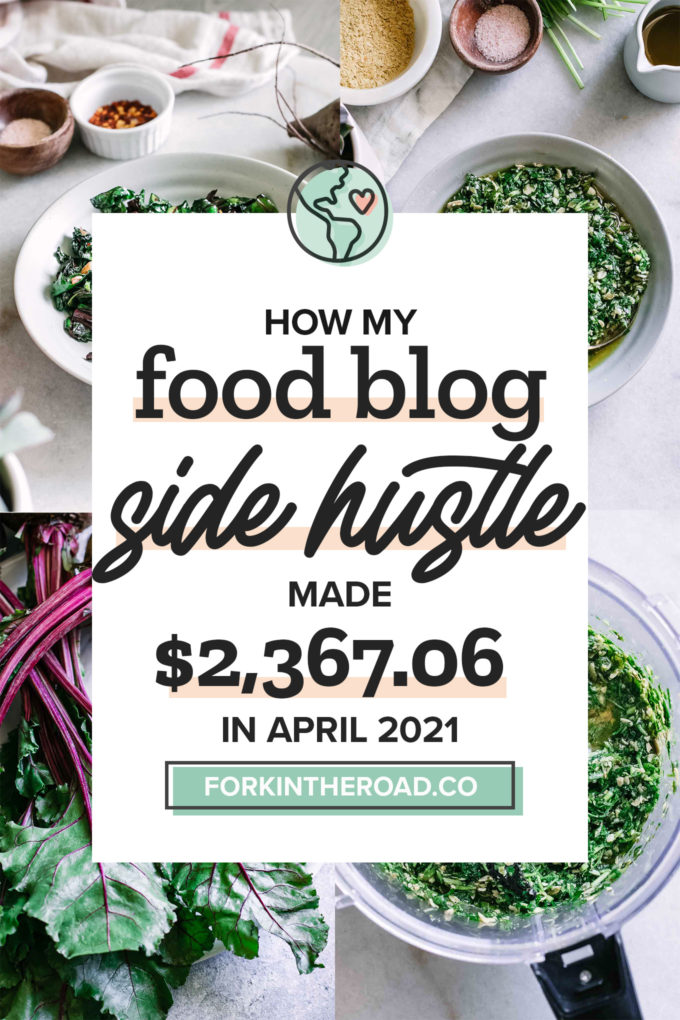 a collage of food photos with a white graphic with the words "how my food blog side hustle made $2,367.06 in April 2021" in black writing