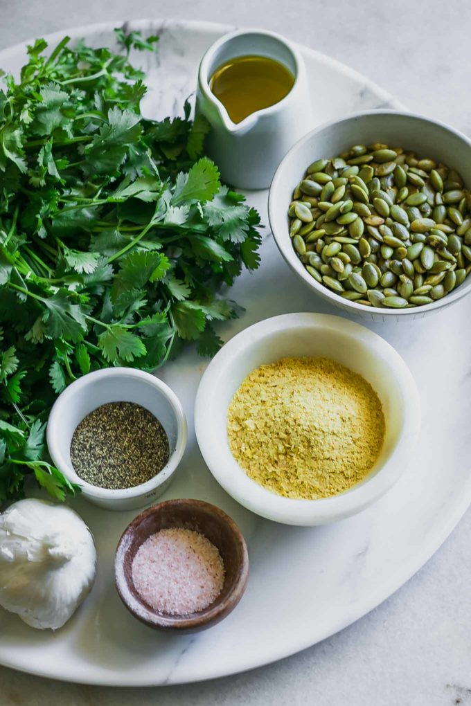 fresh cilantro and bowls of oil, seeds, nutritional yeast, salt, pepper, and garlic on a white table