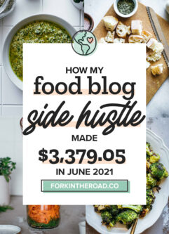 a collage of food photos with a white graphic with the words "how my food blog side hustle made $3,379.05 in June 2021" in black writing