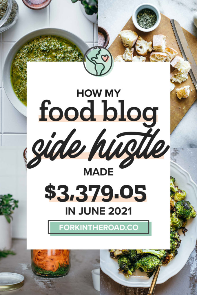 a collage of food photos with a white graphic with the words "how my food blog side hustle made $3,379.05 in June 2021" in black writing