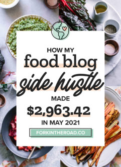a collage of food photos with a white graphic with the words "how my food blog side hustle made $2,963.42 in May 2021" in black writing