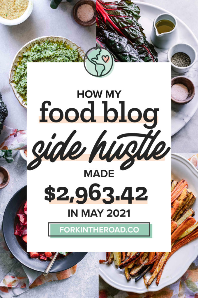 a collage of food photos with a white graphic with the words "how my food blog side hustle made $2,963.42 in May 2021" in black writing