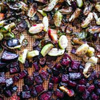 close up of roasted beets and brussels sprouts