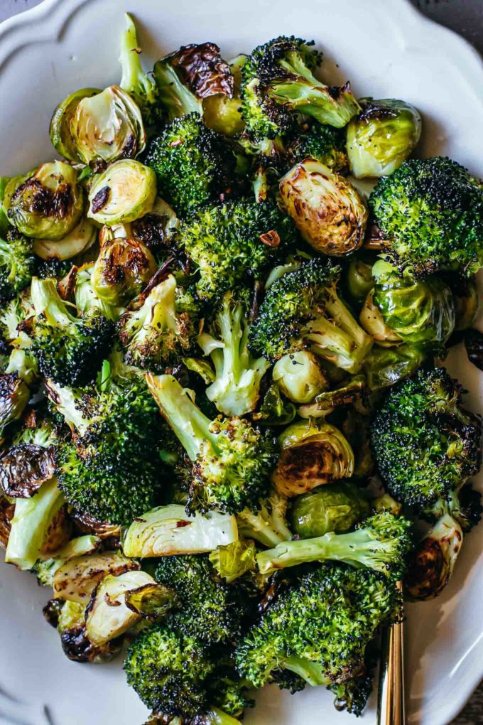 close up of roasted broccoli and brussels sprouts