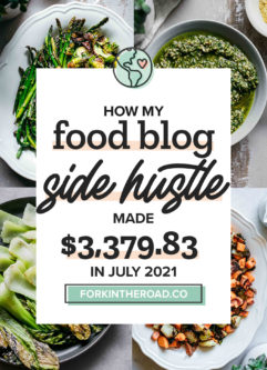 a collage of food photos with a white graphic with the words "how my food blog side hustle made $3,379.83 in July 2021" in black writing
