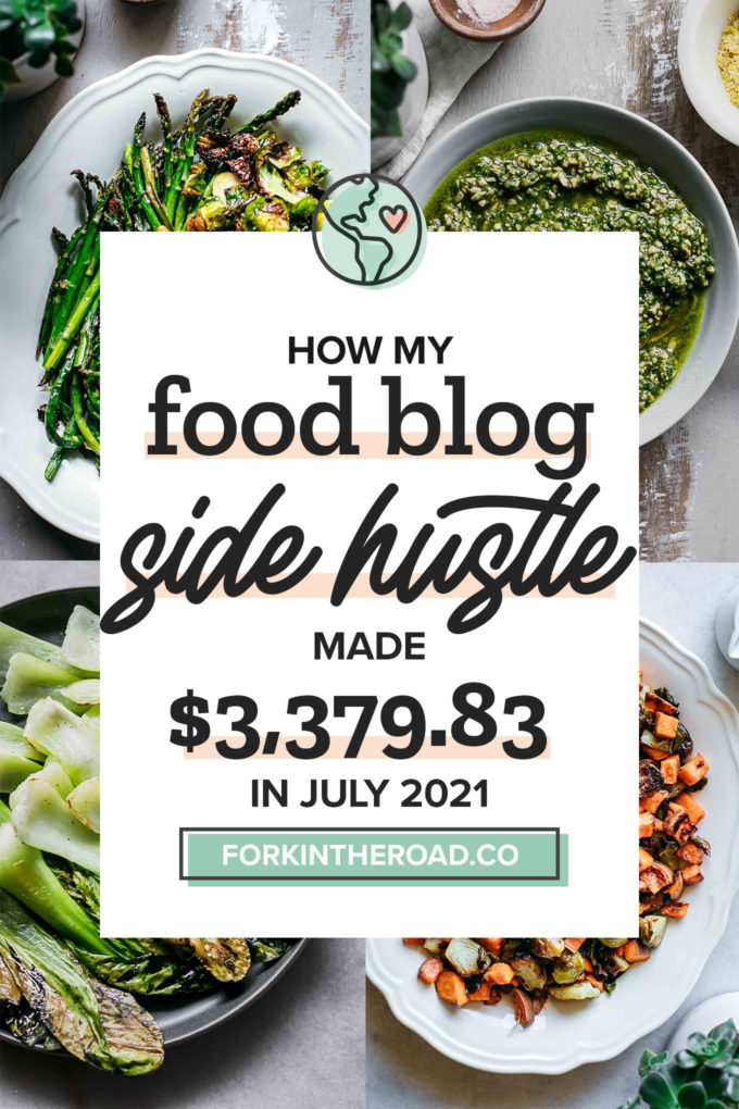 a collage of food photos with a white graphic with the words "how my food blog side hustle made $3,379.83 in July 2021" in black writing