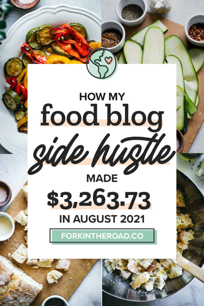a collage of food photos with a white graphic with the words "how my food blog side hustle made $3,262.28 in August 2021" in black writing