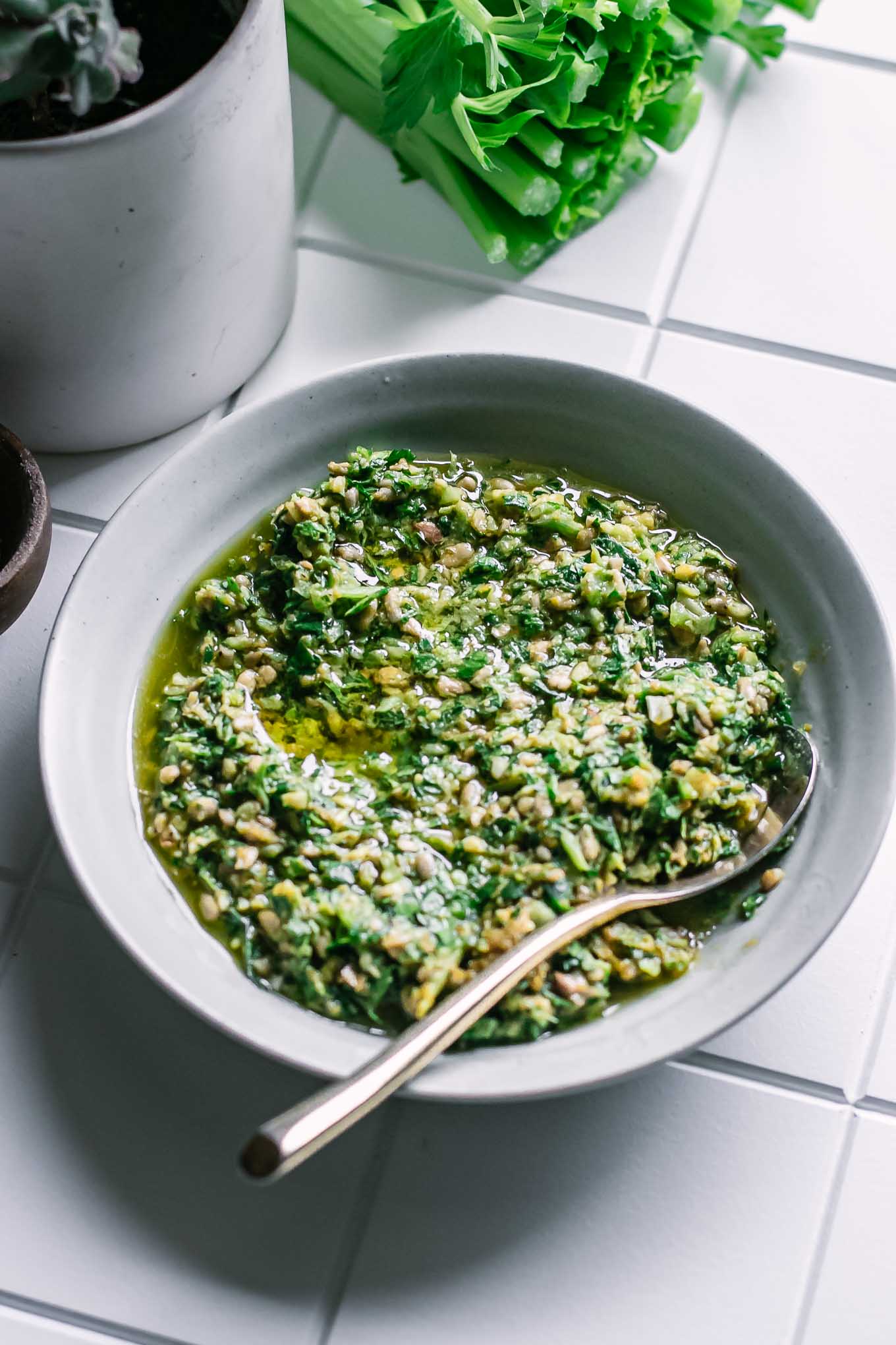 Leftover Celery Leaf Pesto