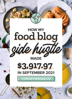 a collage of food photos with a white graphic with the words "how my food blog side hustle made $3,917.67 in September 2021" in black writing