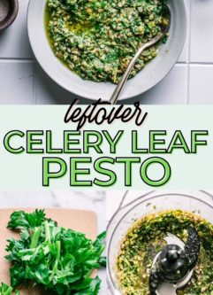 collage image of images of celery leave pesto ingredients and finished pesto in a bowl with the words "leftover celery leaf pesto" in green writing