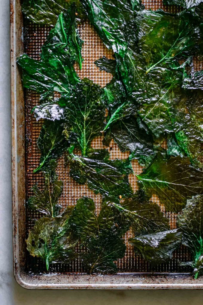 baked turnip greens on a roasting pan