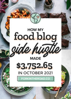 a collage of food photos with a white graphic with the words "how my food blog side hustle made $3,752.65 in October 2021" in black writing