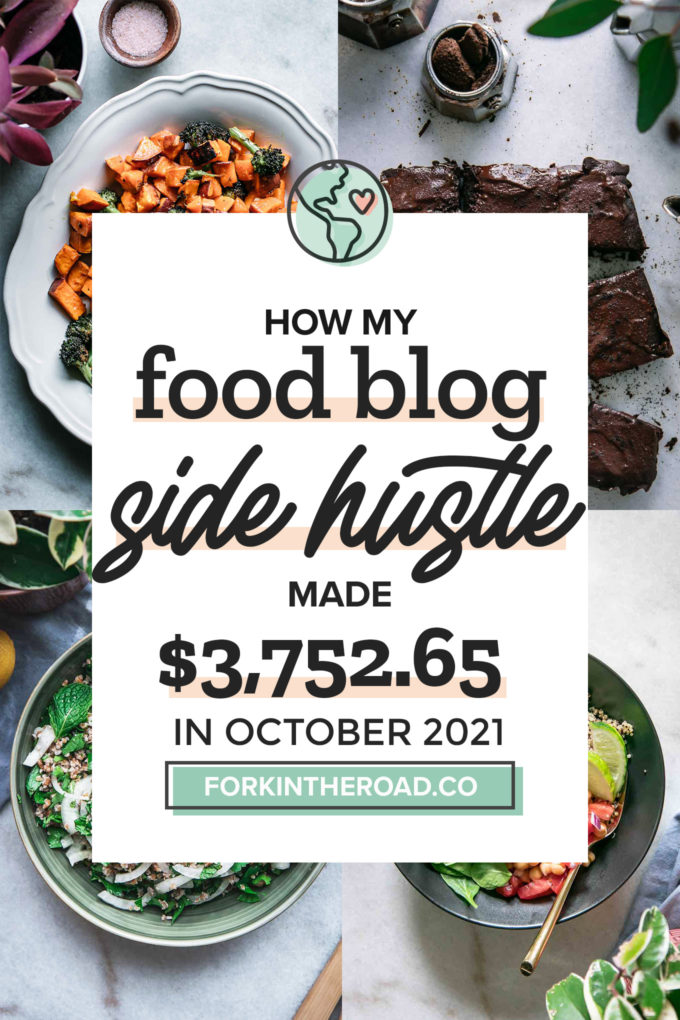 a collage of food photos with a white graphic with the words "how my food blog side hustle made $3,752.65 in October 2021" in black writing