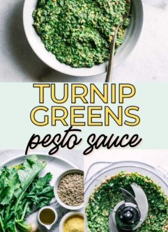 multiple views of turnip greens pesto in bowls