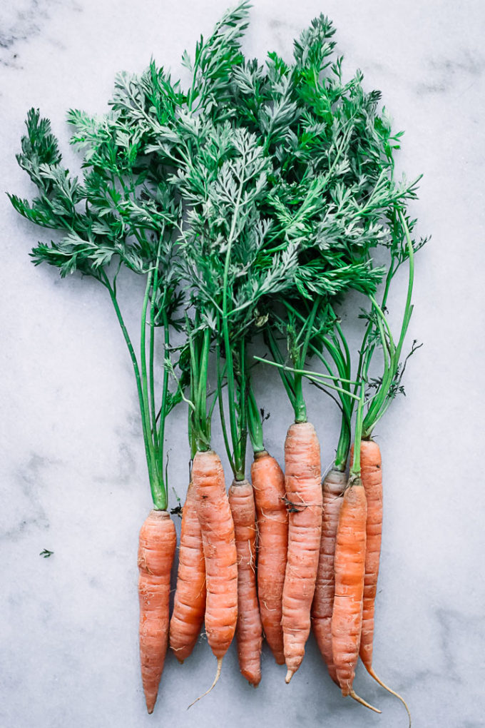 carrots with long carrot leaves on a marble countertop