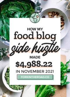 a collage of food photos with a white graphic with the words "how my food blog side hustle made $4,988.22 in November 2021" in black writing