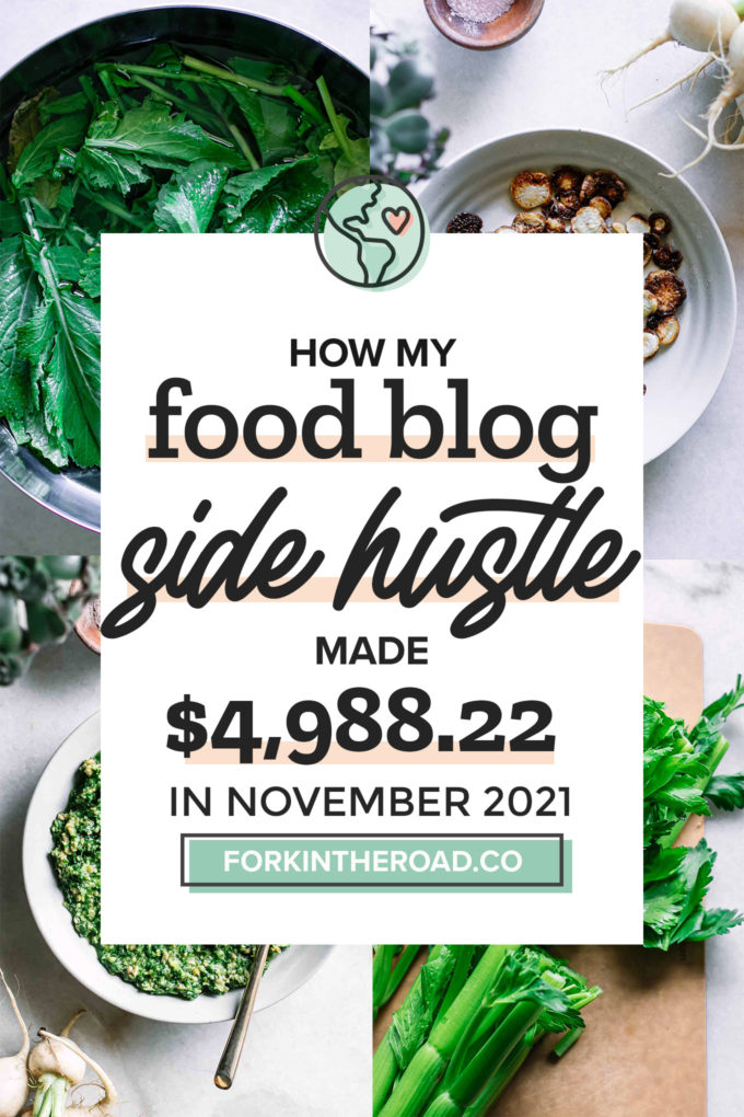 a collage of food photos with a white graphic with the words "how my food blog side hustle made $4,988.22 in November 2021" in black writing