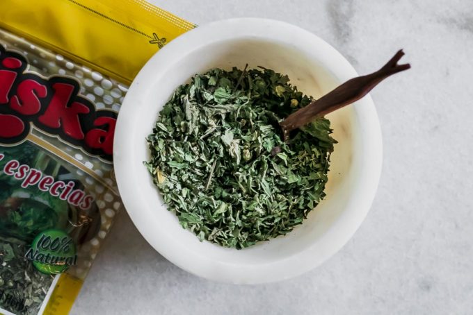 a small bowl of the herb guascas