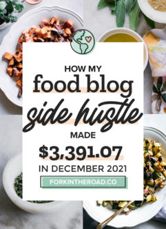 a collage of food photos with a white graphic with the words "how my food blog side hustle made $3391.07 in December 2021" in black writing