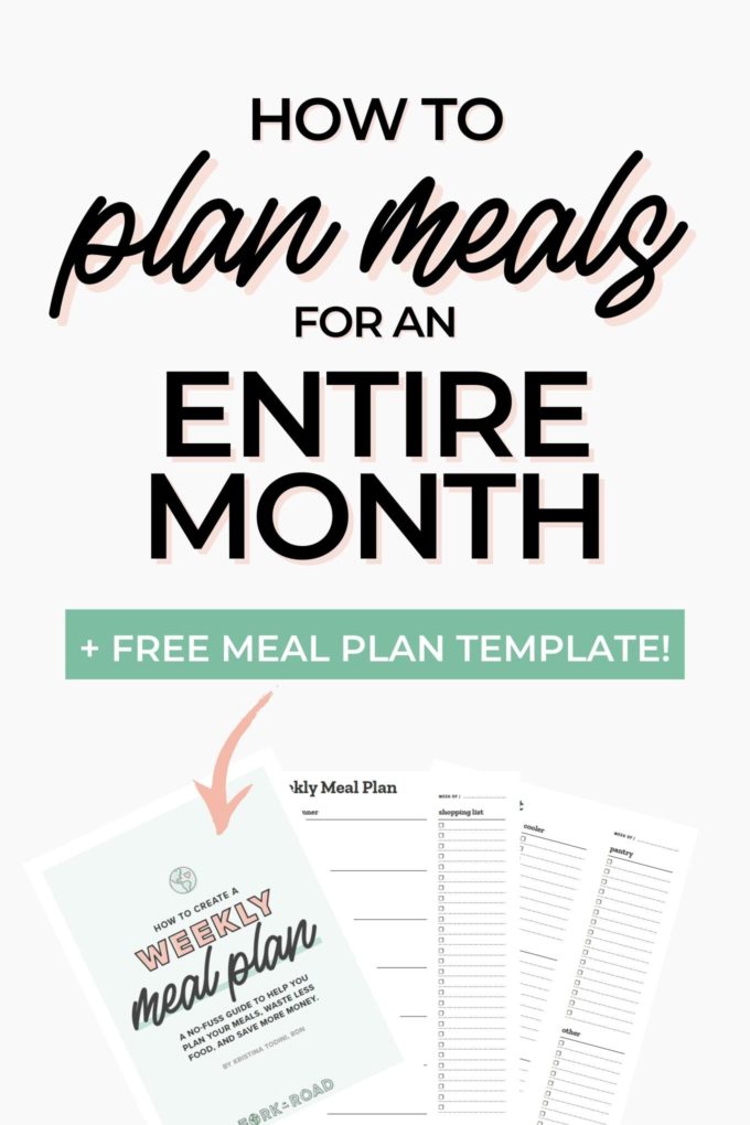 a grey graphic with the words "how to plan meals for an entire month" in black writing and a photo of a monthly meal plan